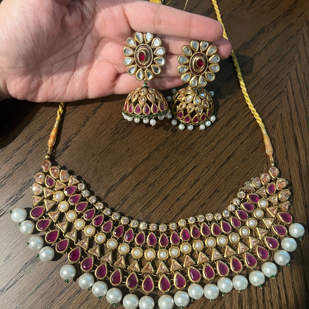 Kundan Necklace and Earring Set, Reversible Red Green pakistani indian jhumkas